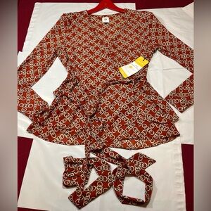 CABI TOP Red Gold Ringleader shirt M, Wrap Tie Waist Blouse #3951 office RED new
